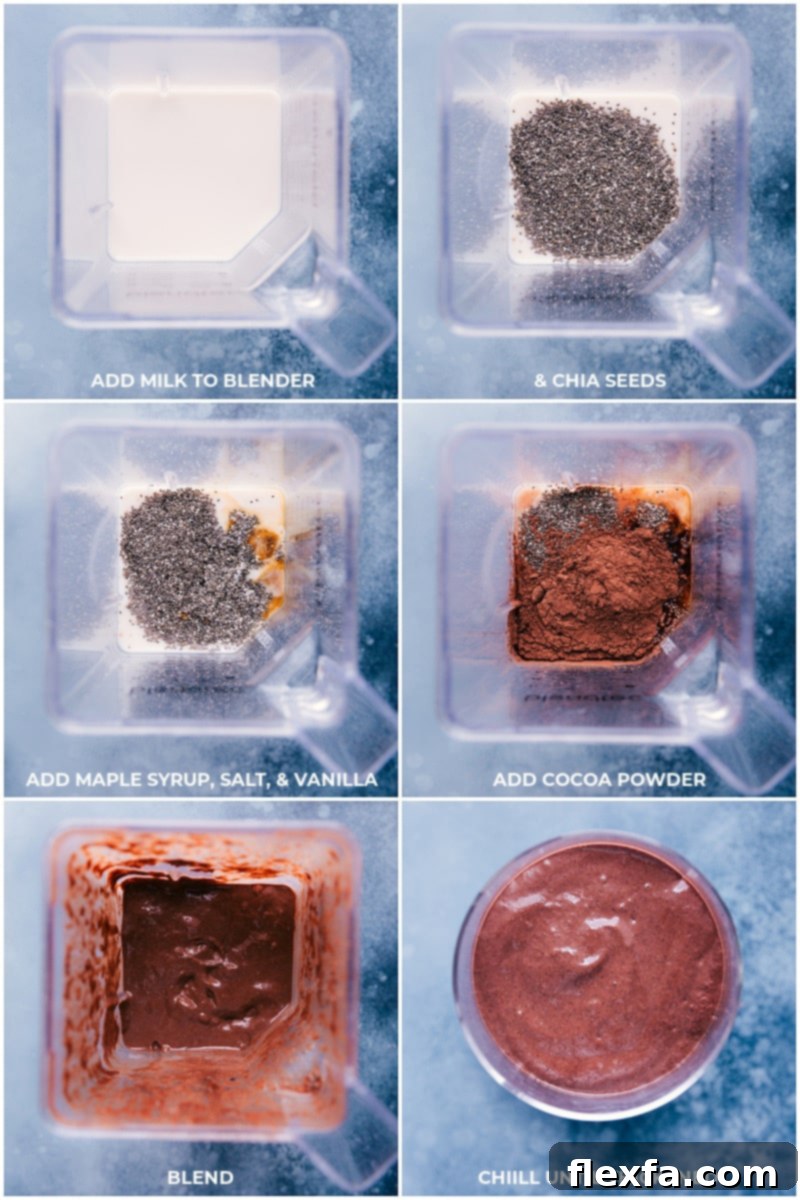 Process shots of ingredients in the blender, showing macadamia nut milk, chia seeds, cocoa powder, and maple syrup.
