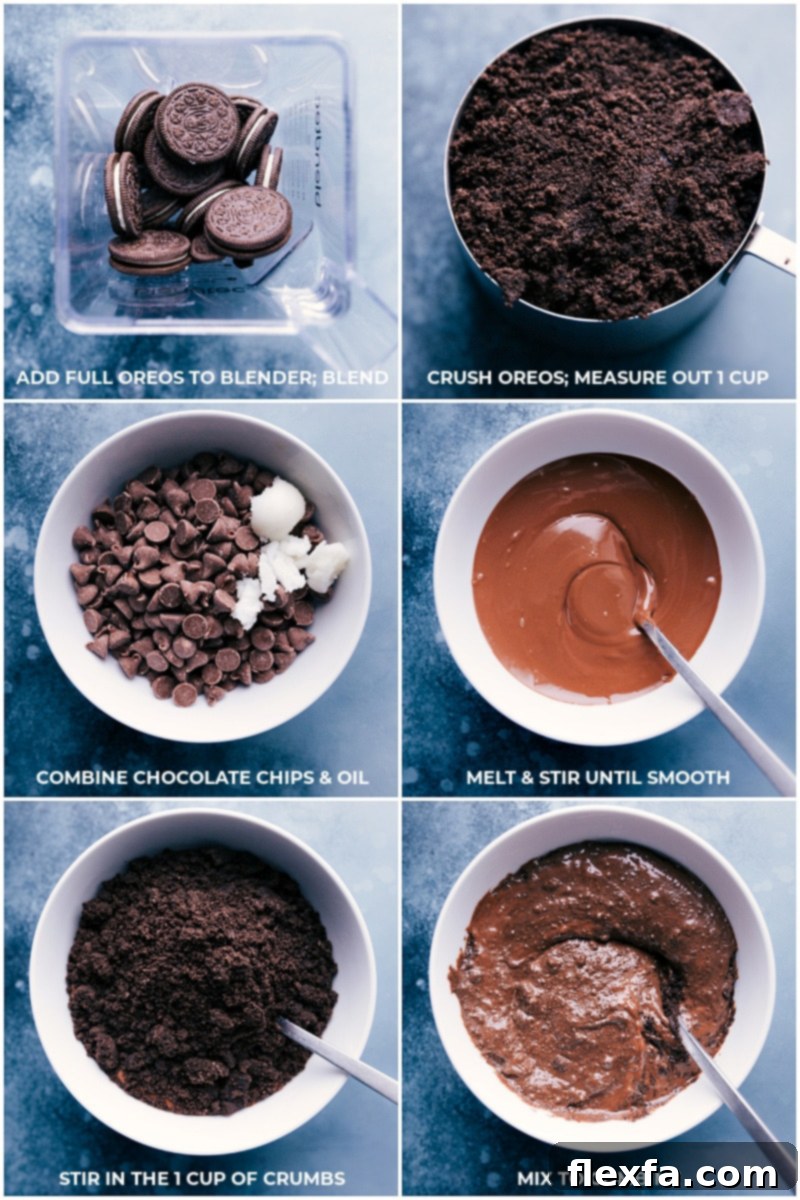 Process images showing Oreos being crushed, chocolate chips melting, and Oreo crumbs mixed into melted chocolate.