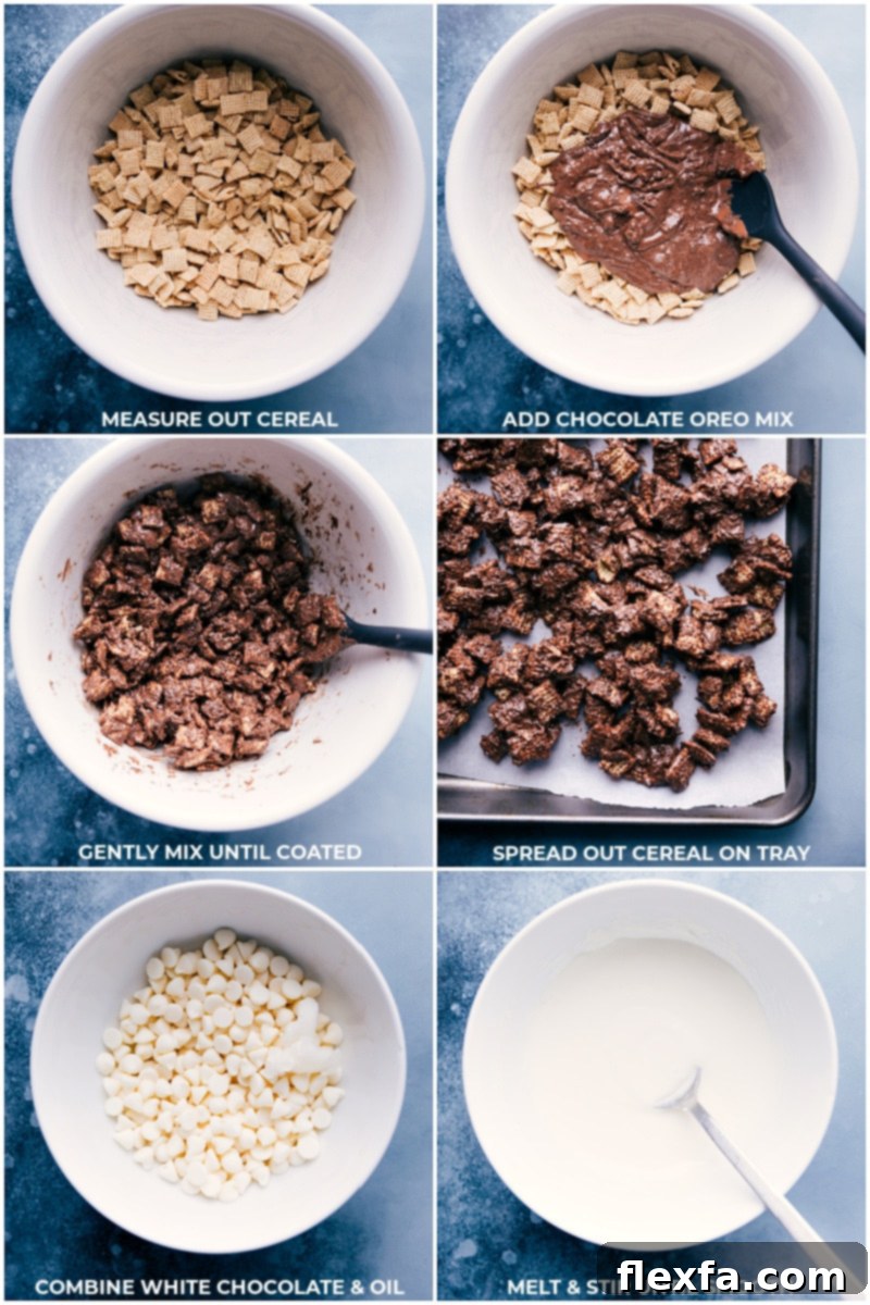 Process images showing chocolate-coated Chex cereal being mixed and white chocolate being melted.