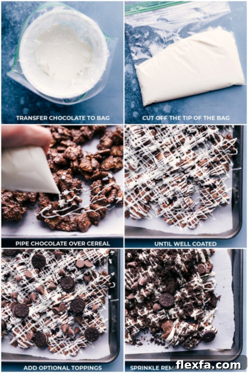 Process images showing melted white chocolate drizzled over Cookies and Cream Muddy Buddies with additional toppings being added.