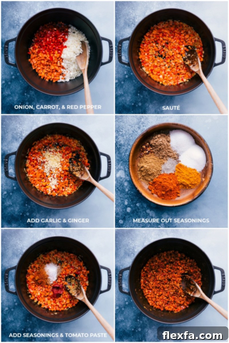 A step-by-step visual of the initial cooking process for Vegetarian Tikka Masala: colorful vegetables being sautéed in a pot, followed by the addition of aromatic spices and rich tomato paste, all expertly mixed to build a deep flavor base.