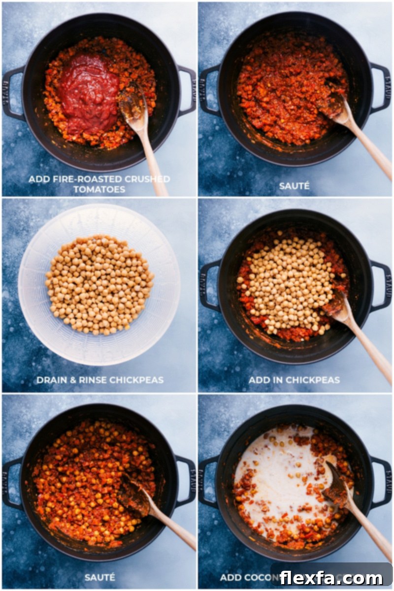 The process of creating the rich sauce for Vegetarian Tikka Masala: fire-roasted tomatoes being added, followed by protein-packed chickpeas, and finally creamy coconut milk, all expertly combined and stirred in a pot.