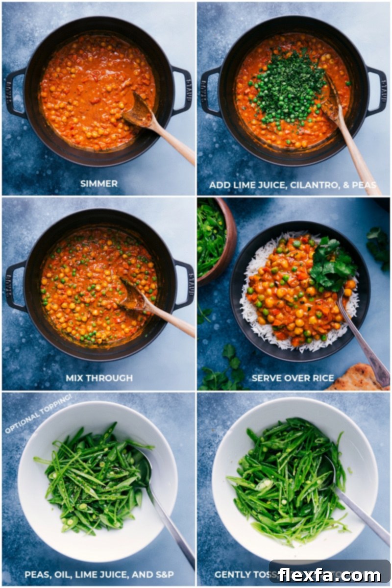 The final stages of making Vegetarian Tikka Masala: the rich curry simmering gently, followed by the vibrant addition of fresh lime juice, cilantro, and sweet peas. The finished dish is then beautifully served over a bed of rice, topped with a refreshing snap pea garnish.