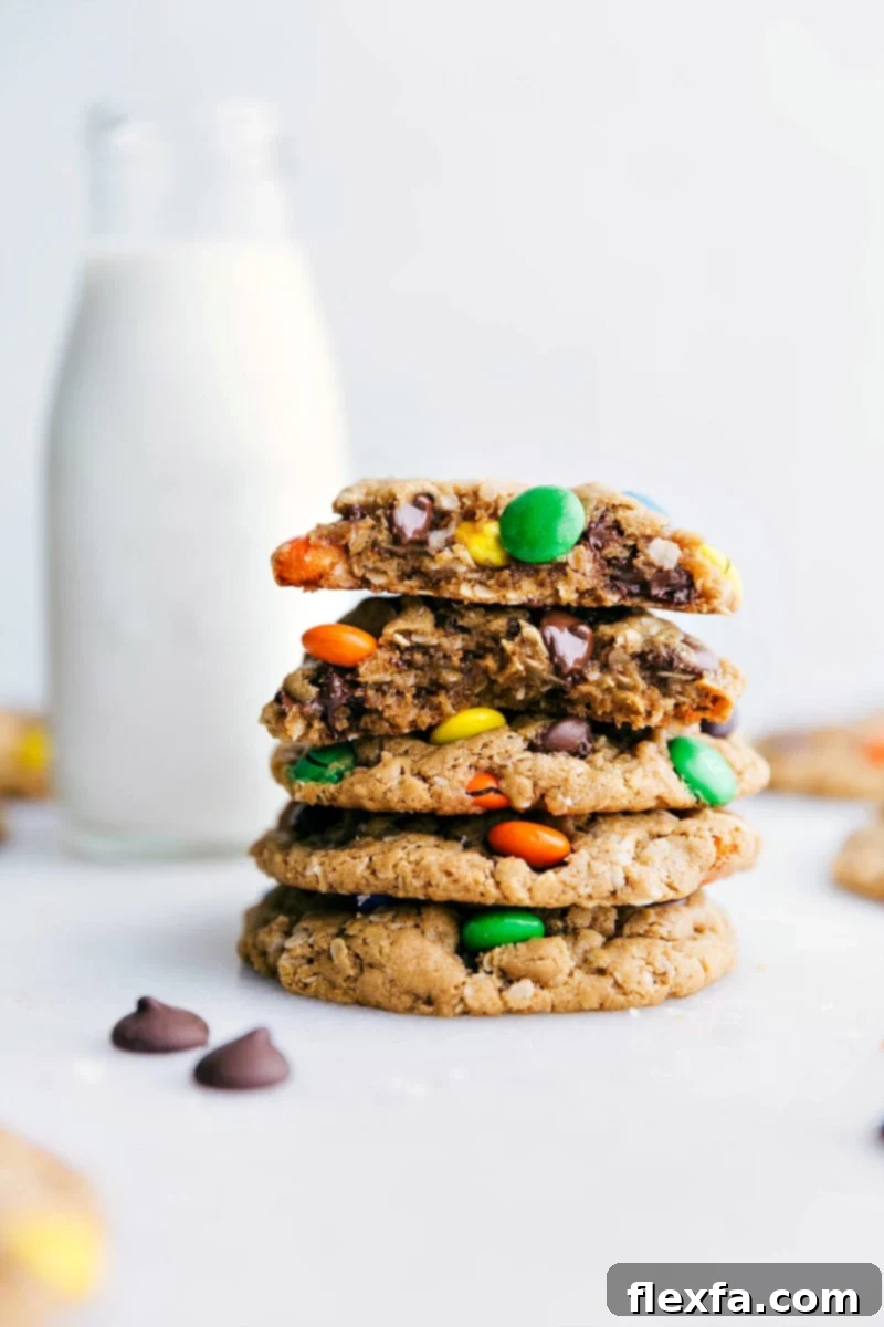 Healthy Monster Cookies stacked high, with one cookie broken in half revealing its irresistibly gooey, chocolatey center.