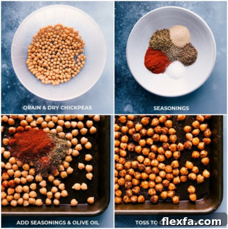 Process shots showing how to prepare Vegetarian Gyros: draining and drying garbanzo beans, combining them with seasonings, spreading them on a baking sheet, and roasting.