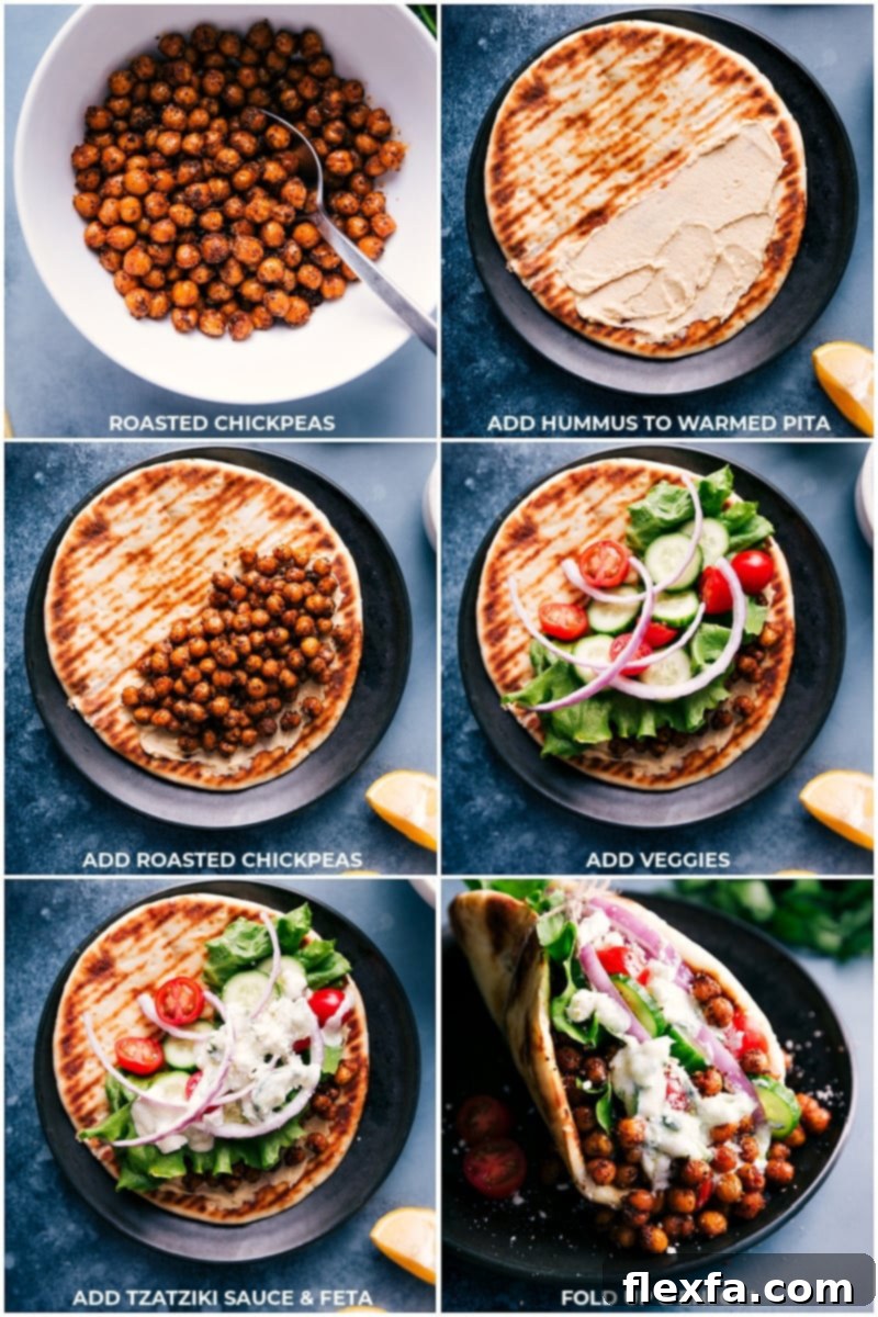 Process shots for assembling Vegetarian Gyros: adding hummus to warmed pita bread, layering roasted chickpeas, fresh vegetables, and Tzatziki sauce, then folding and serving.