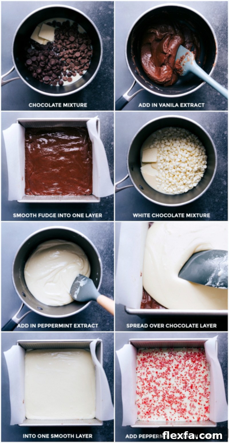 Close-up view of chocolate and white chocolate being melted and layered, illustrating the process of making multi-layered peppermint fudge.