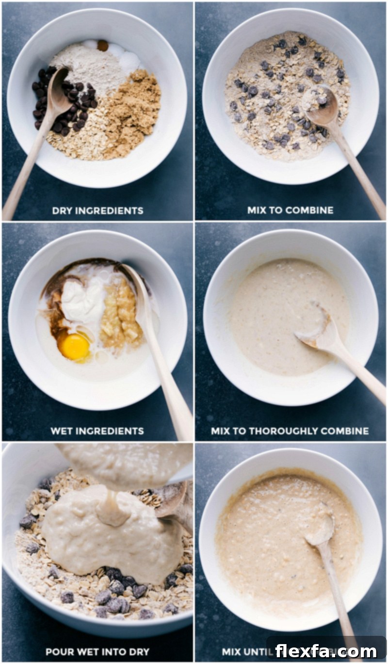 Combining and gently mixing dry and wet ingredients in a bowl for gluten-free banana pancakes.