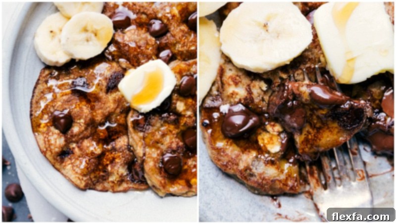 Close-up shot of golden-brown Gluten-Free Banana Pancakes with melted chocolate, ready to be enjoyed for breakfast.