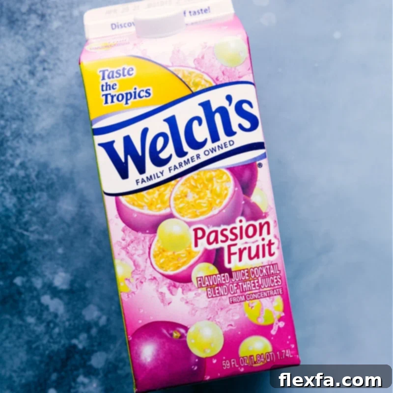 High-Quality Passion Fruit Juice for Your Tropical Smoothie A carton of passion fruit juice, a key ingredient for the Caribbean Passion Smoothie, on a countertop.