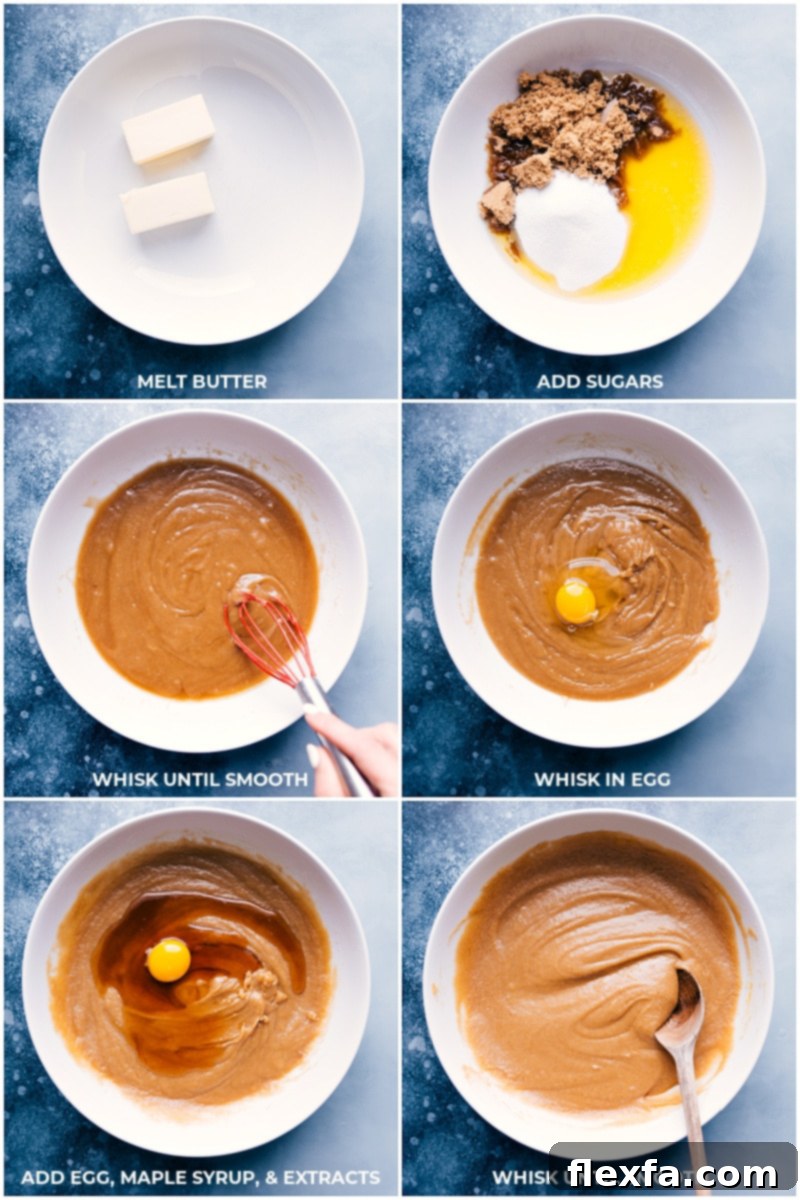 The process of mixing wet ingredients like butter, sugar, and eggs for maple cookies.