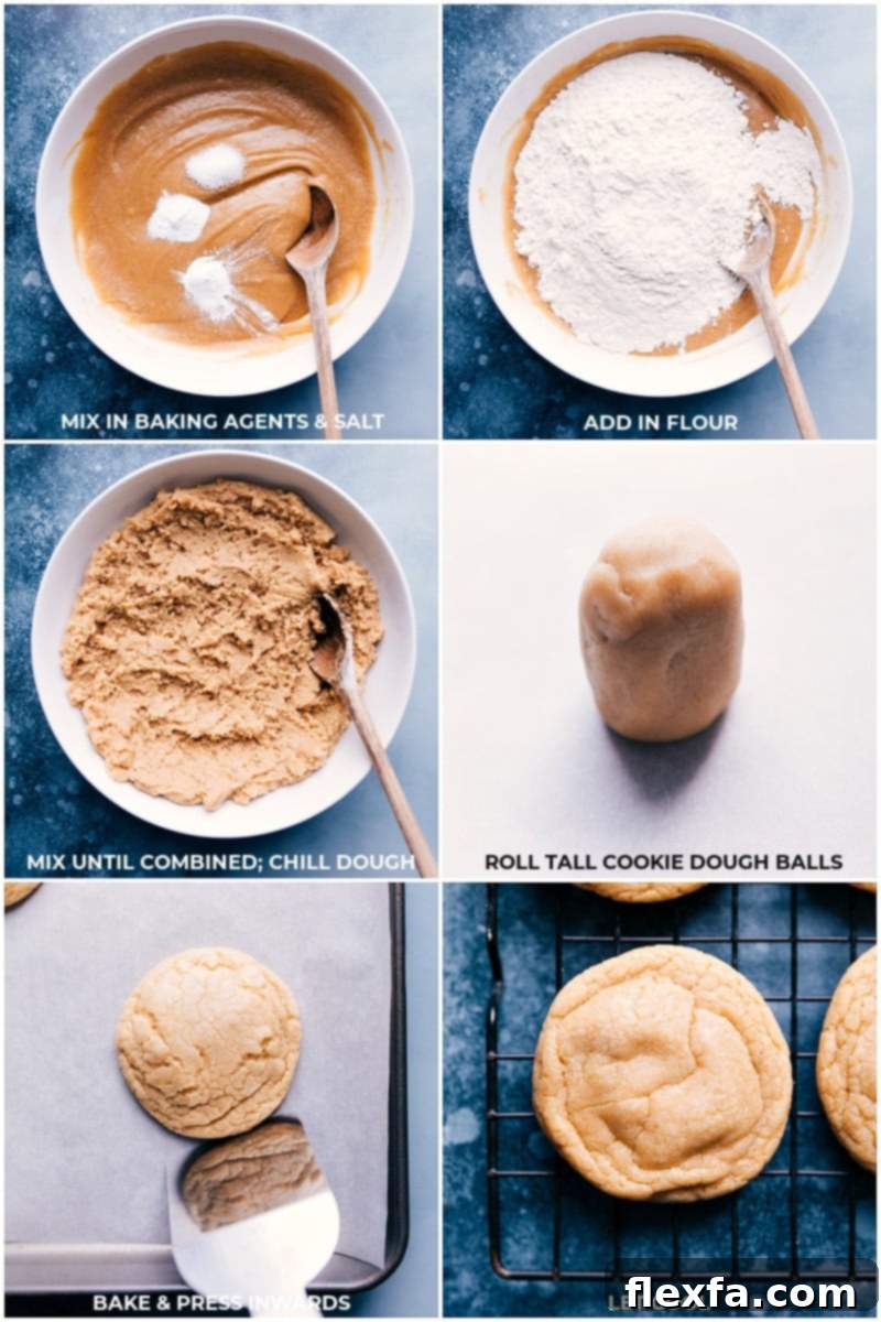 Detailed steps showing dry ingredients being added to wet, dough being mixed, rolled into balls, and finally baked maple cookies.