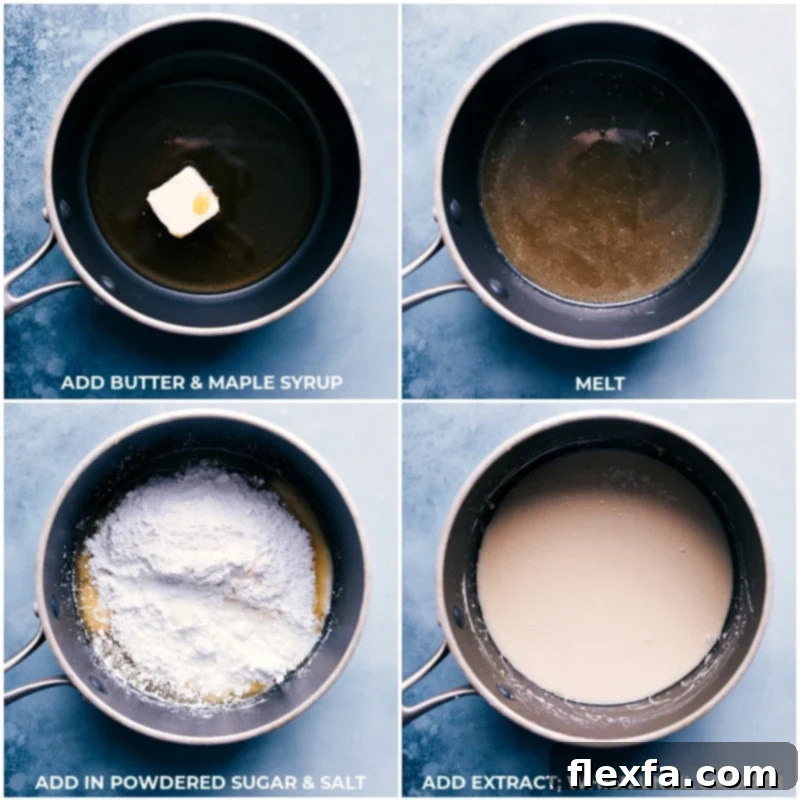 A smooth, glossy maple icing being whisked in a saucepan, ready to be drizzled over the baked maple cookies.