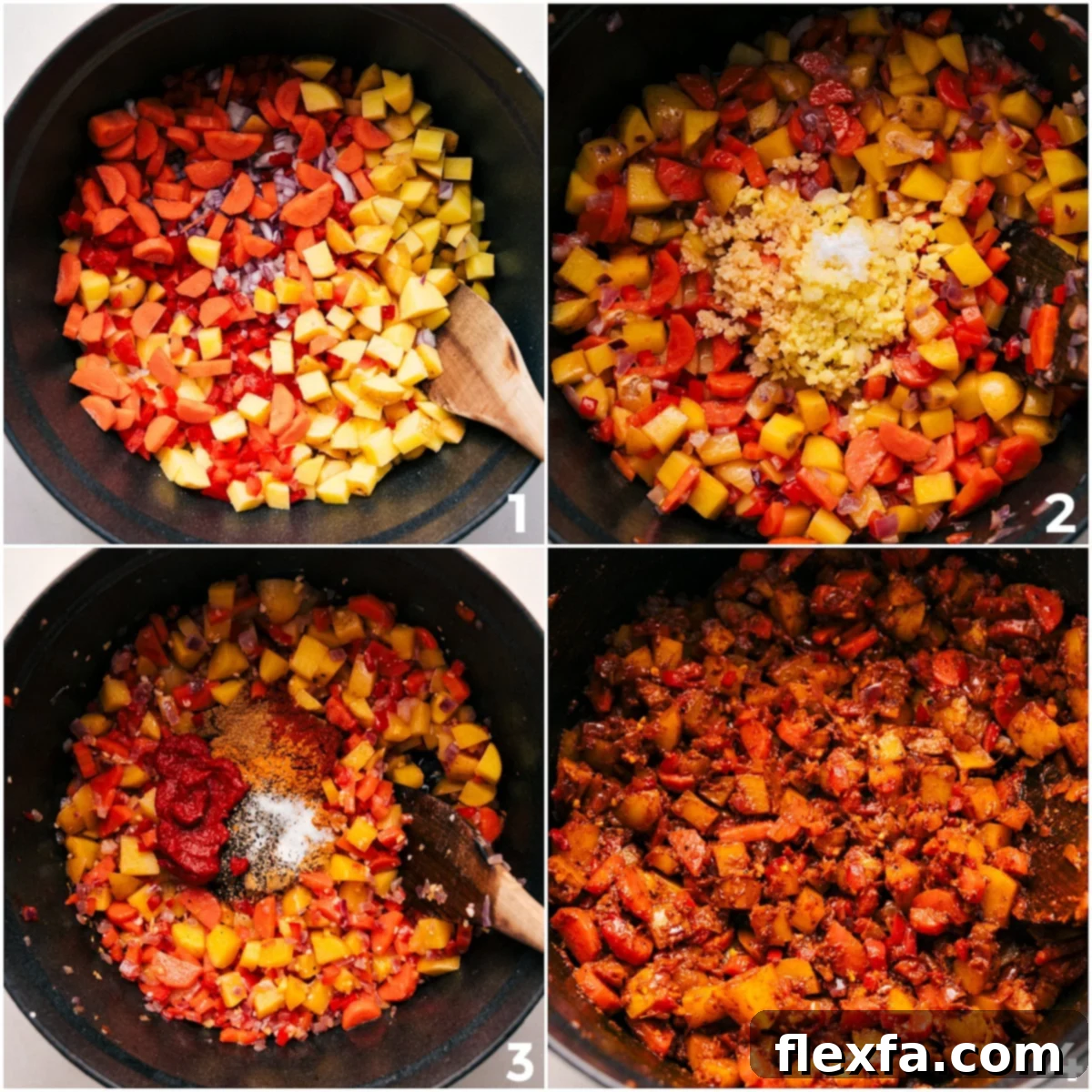 Vegetables sautéing in a large pot, with aromatic spices and tomato paste being added to create a rich base for the vegetable masala.