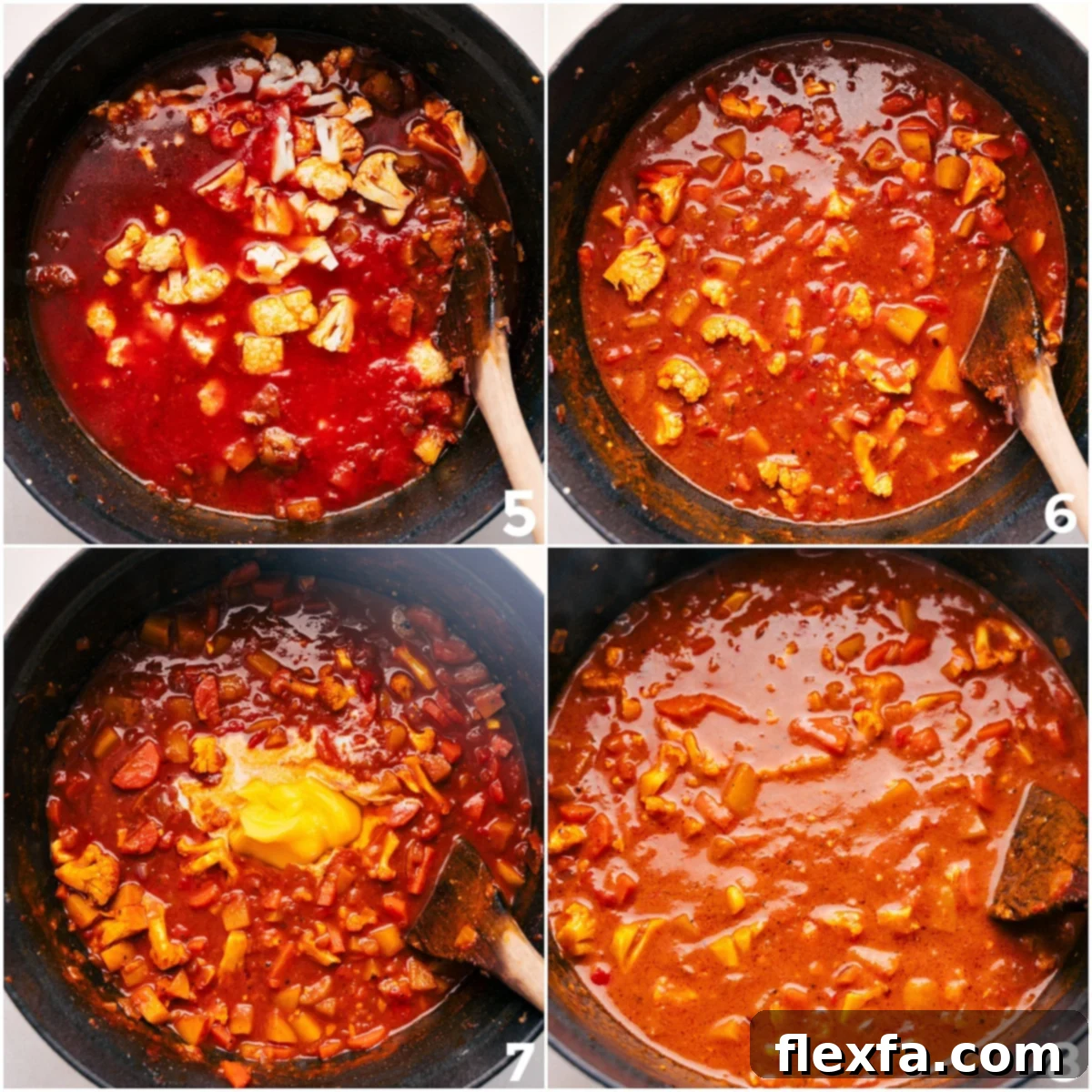 Crushed tomatoes and vegetable broth added to a pot, simmering gently on the stove as the Vegetable Masala cooks and flavors meld.