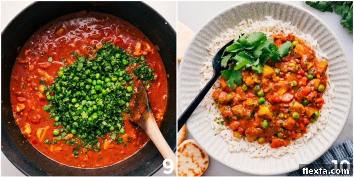 Fresh herbs and peas folded into the rich vegetable masala, which is then plated beautifully with rice, ready to be enjoyed as a hearty and flavorful curry.
