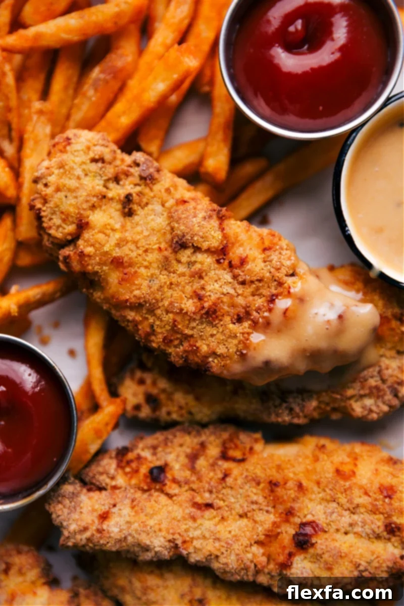 Close-up of golden brown Air Fryer Chicken Tenders, perfectly crispy and seasoned.