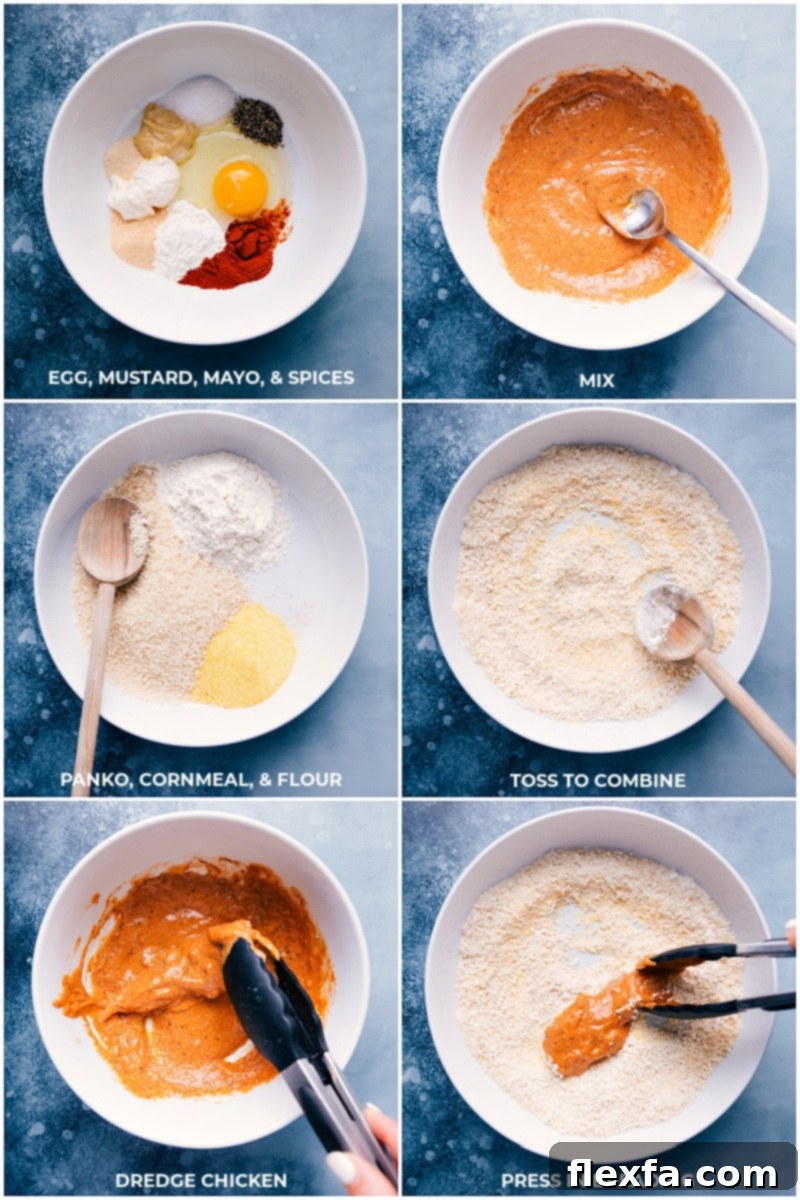 Step-by-step process of preparing air fryer chicken tenders: mixing egg, mustard, mayo, and spices for the wet batter, then combining panko, cornmeal, and flour for the dry breading. Chicken tenders are shown dredged first in the wet, then in the dry mixture.