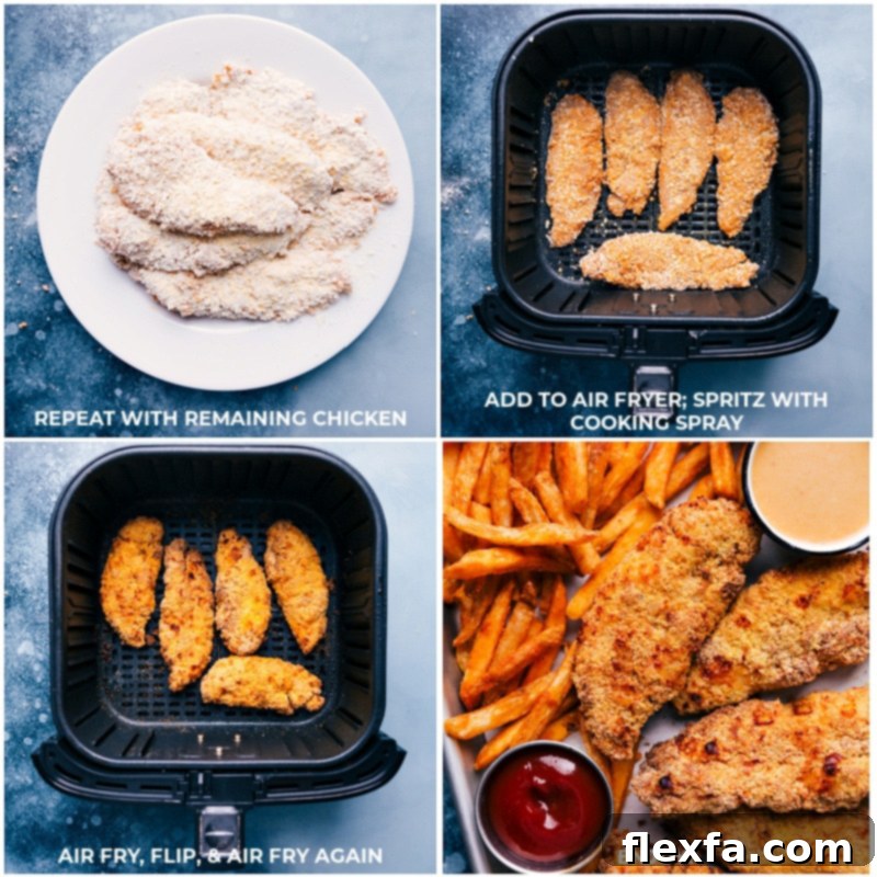 Process shots showing chicken tenders cooking in an air fryer basket, turning golden and crispy.