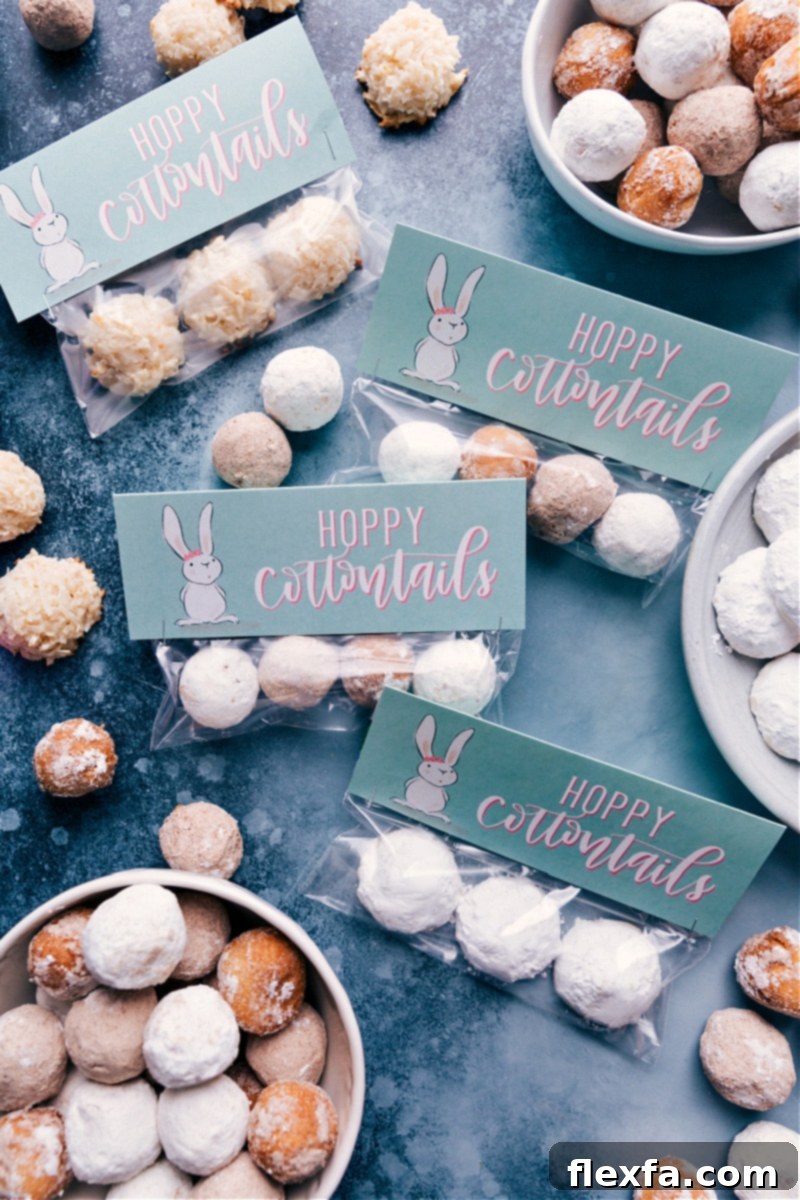 Easter Printables make festive gifts. Image shows a bag topper design with text 'Hoppy Cottontails' and a bunny tail graphic, ready to be attached to treat bags.