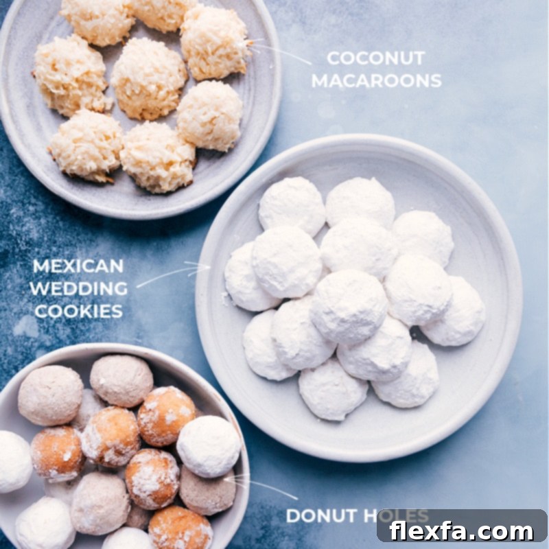 Selection of bunny tail treats: Coconut Macaroons, Donut Holes, and Mexican Wedding Cookies on plates, ready for packaging with Easter printables.