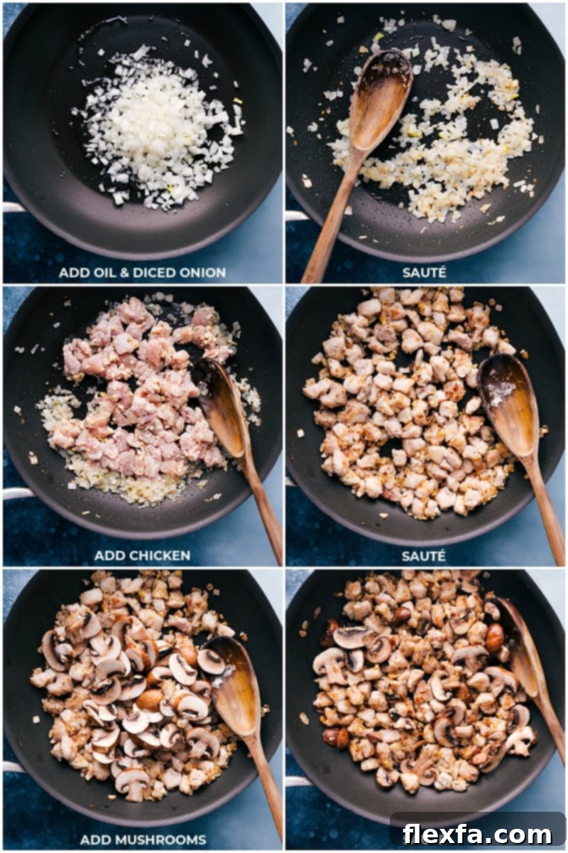 Process shots: sautéeing veggies and chicken.