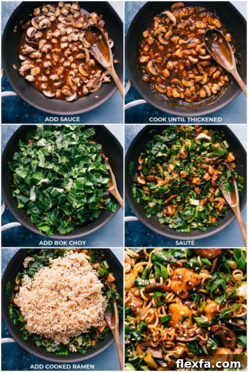Process shots: adding sauce, bok choy and ramen to finish this recipe