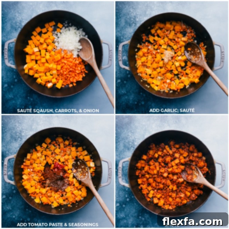 A series of process images illustrating the initial steps of Butternut Squash Chili: chopped squash, carrots, onions, garlic, tomato paste, and a blend of spices being combined in a pan for sautéing.