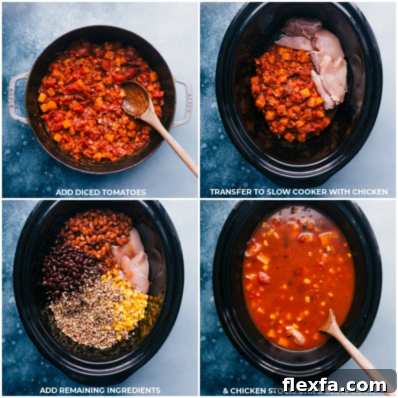 Process shots of Butternut Squash Chili showing diced tomatoes being added, raw chicken pieces joining the mixture, and finally all remaining ingredients being combined and mixed thoroughly in the slow cooker.