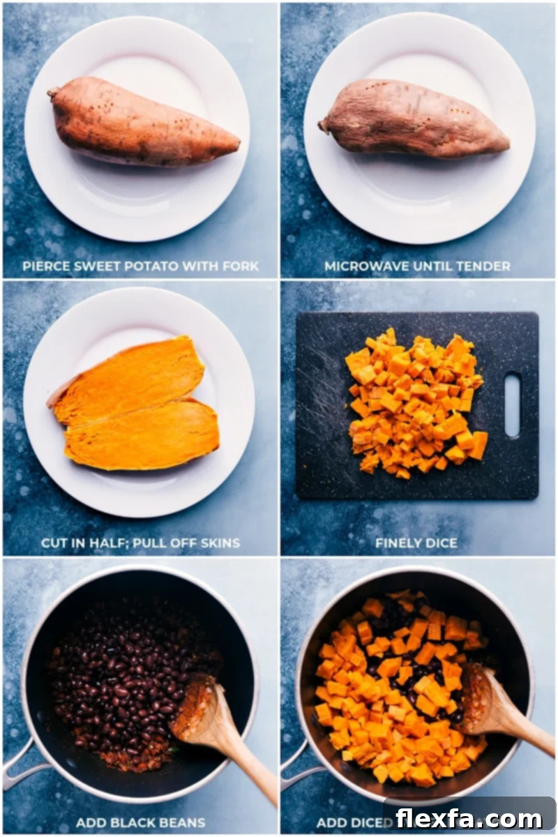 These Air Fryer Sweet Potato and Black Bean Egg Rolls are loaded with flavor and texture. Dip or drizzle a spiced chili-lime sauce over these egg rolls and be prepared for a new dinner addiction! Recipe via chelseasmessyapron #dinner #lunch #quick #easy #vegetarian #best #sauce #healthier #airfryer #blackbean #eggrolls Preparing the sweet potato and adding it to the black bean mixture in a pan, showcasing the vibrant ingredients.