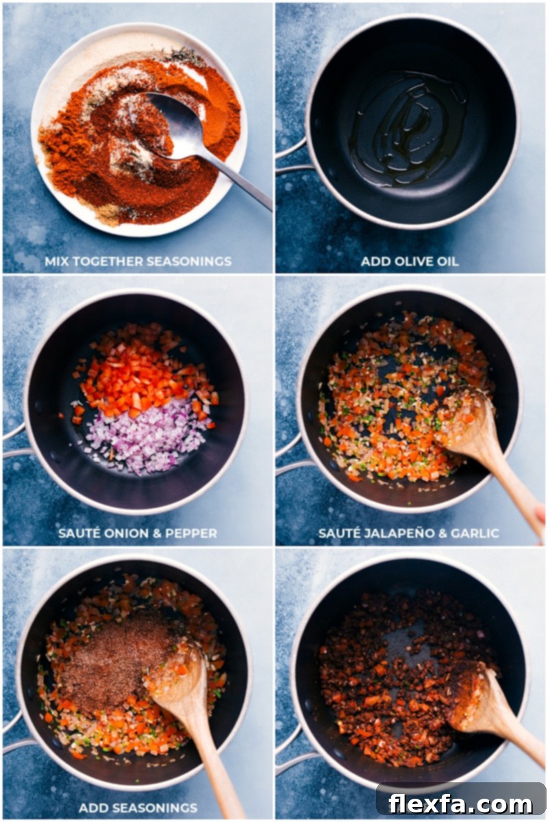 These Air Fryer Sweet Potato and Black Bean Egg Rolls are loaded with flavor and texture — tender sweet potatoes, savory black beans, and other taco-spiced veggies. Recipe via chelseasmessyapron #dinner #lunch #quick #easy #vegetarian #best #sauce #healthier #airfryer #blackbean #eggrolls Adding a mix of fresh vegetables and aromatic spices to a pan to create the rich filling for the egg rolls.