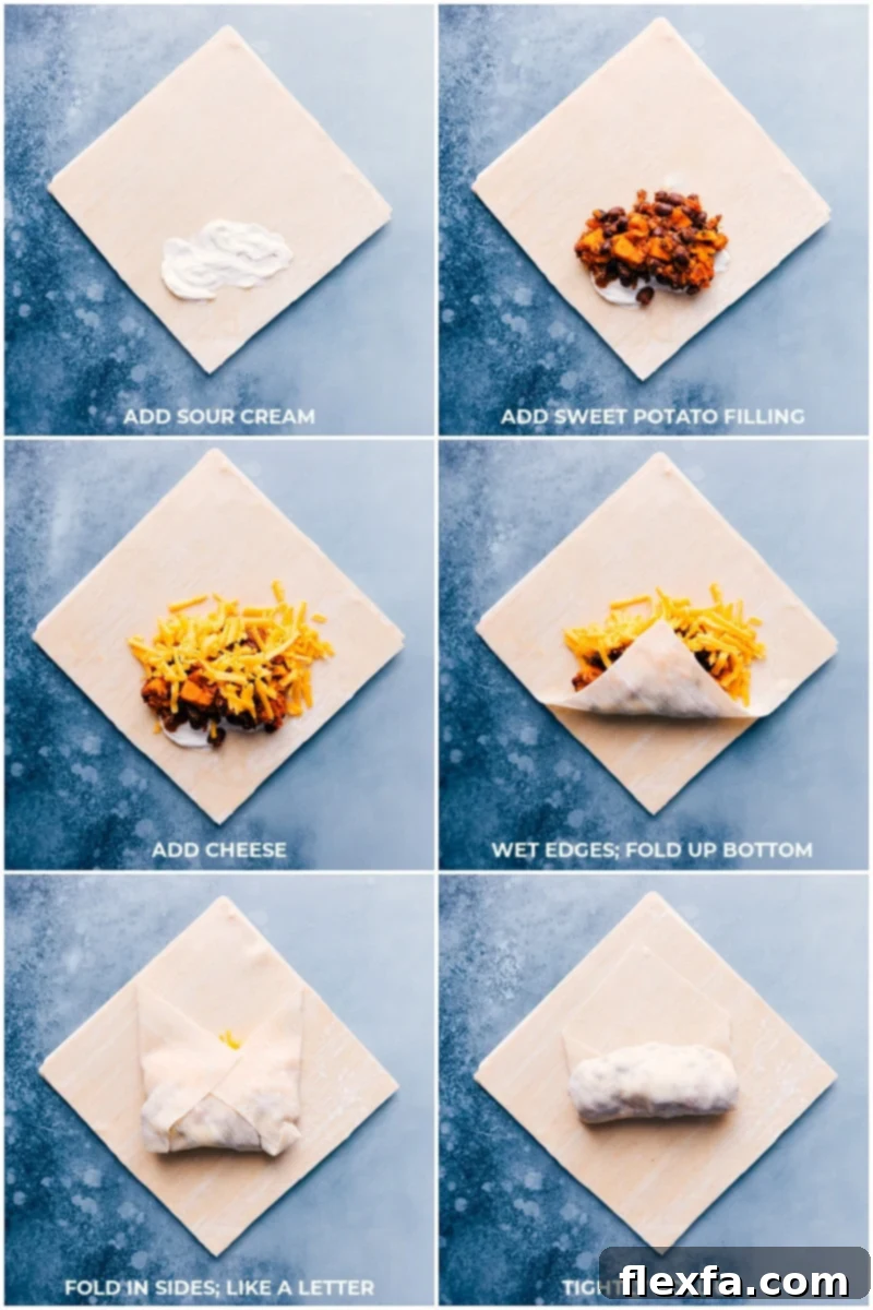 Air Fryer Sweet Potato and Black Bean Egg Rolls are loaded with flavor and texture — tender sweet potatoes, savory black beans, and other taco-spiced veggies. Recipe via chelseasmessyapron #dinner #lunch #quick #easy #vegetarian #best #sauce #healthier #airfryer #blackbean #eggrolls Step-by-step process of assembling and rolling egg rolls, showing the filling placed on the wrapper and the initial folds.
