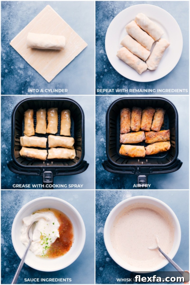 The best ever Air Fryer Sweet Potato and Black Bean Egg Rolls are loaded with flavor and texture — tender sweet potatoes, savory black beans, and other taco-spiced veggies. Dip or drizzle a spiced chili-lime sauce over these egg rolls and be prepared for a new dinner addiction! Recipe via chelseasmessyapron #dinner #lunch #quick #easy #vegetarian #best #sauce #healthier #airfryer #blackbean #eggrolls Process shots showing air-fried egg rolls being removed from the air fryer and ingredients for the chili-lime sauce being whisked together.