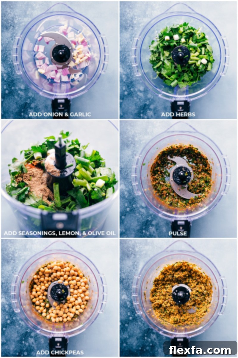 Process shots showing falafel mixture being created in a food processor, highlighting the fresh ingredients.