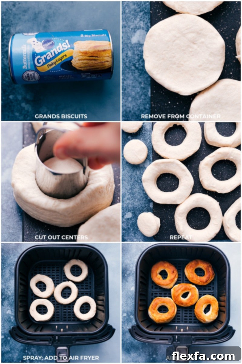 Process shots of making air fryer donuts: removing biscuits from packaging, cutting out centers, spraying with oil, and placing in air fryer basket.