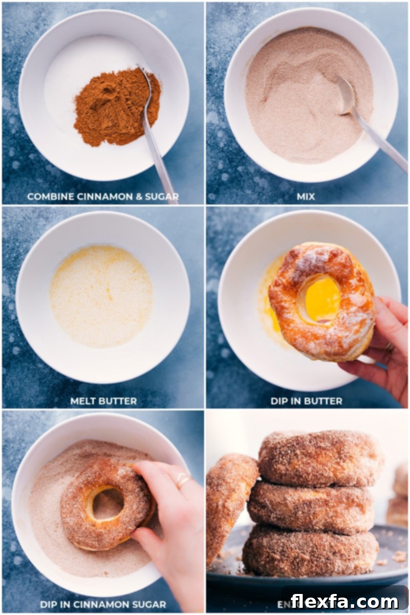 Process shots of air fryer donuts: images of the cinnamon-sugar mixture being made, the donuts being dipped in butter, and then being coated in cinnamon sugar.