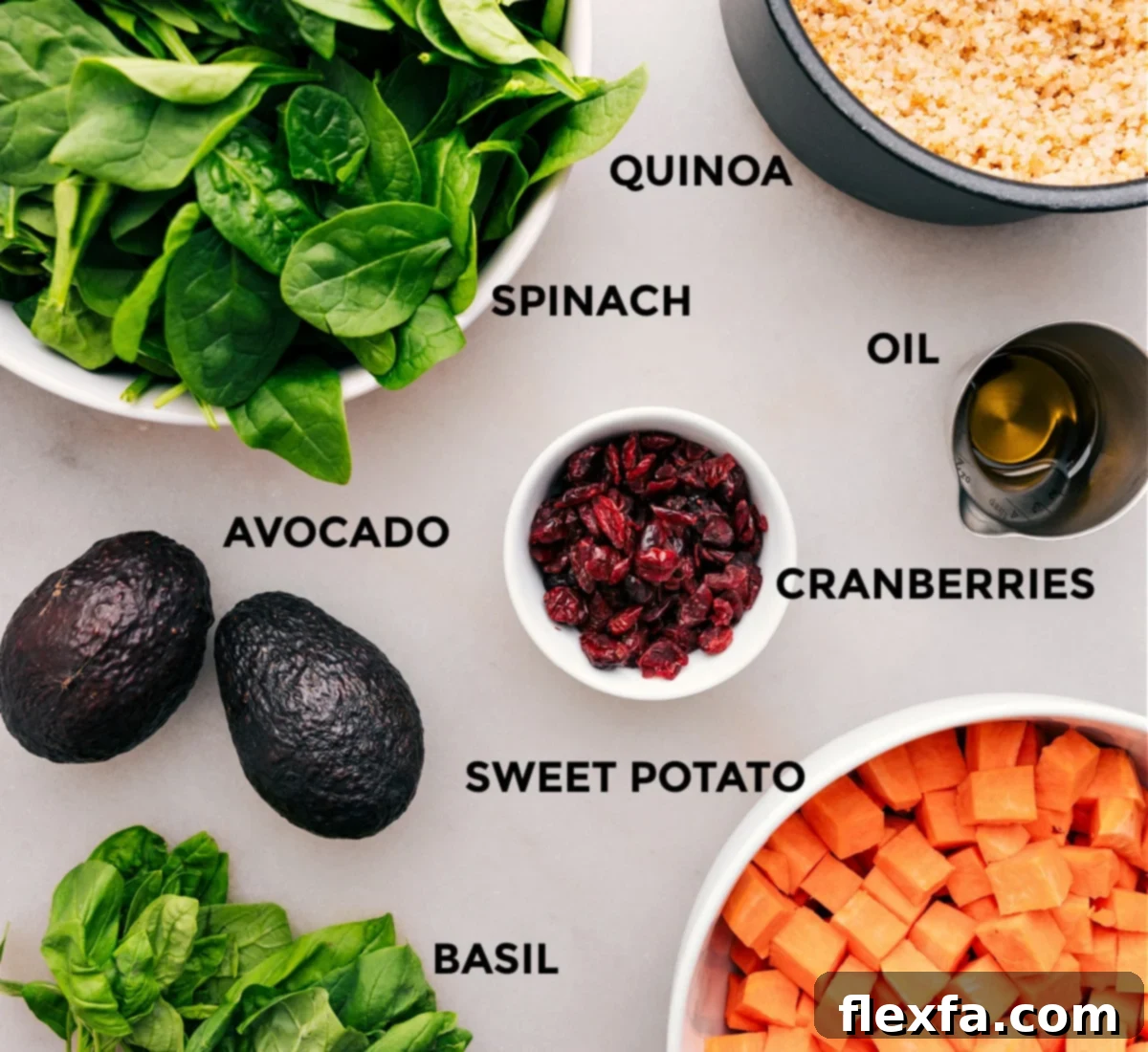 All the vibrant ingredients—veggies, grains, cranberries, oil, and avocado—are meticulously prepped for easy assembly of the healthy Sweet Potato Quinoa Salad.