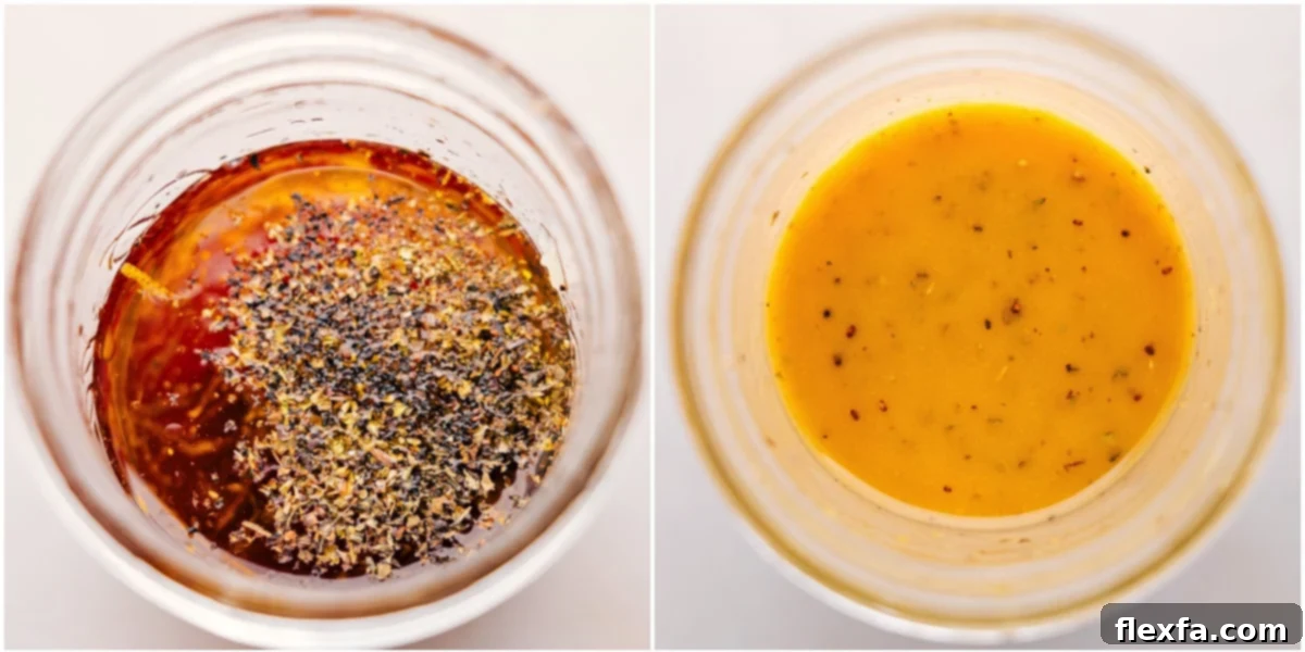 The vibrant lemon dressing being mixed together in a mason jar, ready to elevate the Sweet Potato Quinoa Salad.