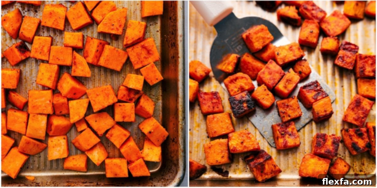 Sweet potato cubes roasting on a sheet pan, perfectly seasoned for the Sweet Potato Quinoa Salad.