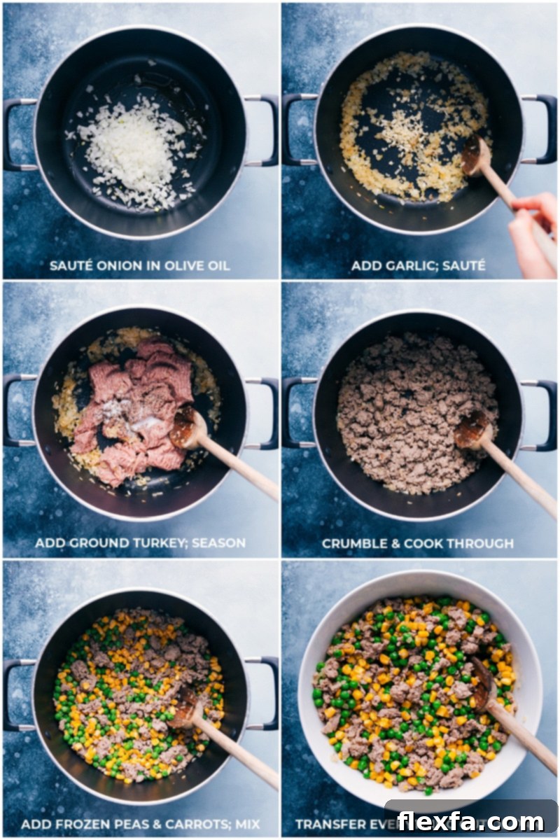 Step-by-step: Cooking the aromatic base and ground meat for a flavorful 30-minute Creamy Pesto Orzo. Loaded with ground turkey, fresh veggies, and pasta for a quick, family-friendly dinner. #quickdinner #easyrecipe #onepotmeal #mealprep Process shots: Sautéing onions, garlic, and browning ground turkey with corn and peas
