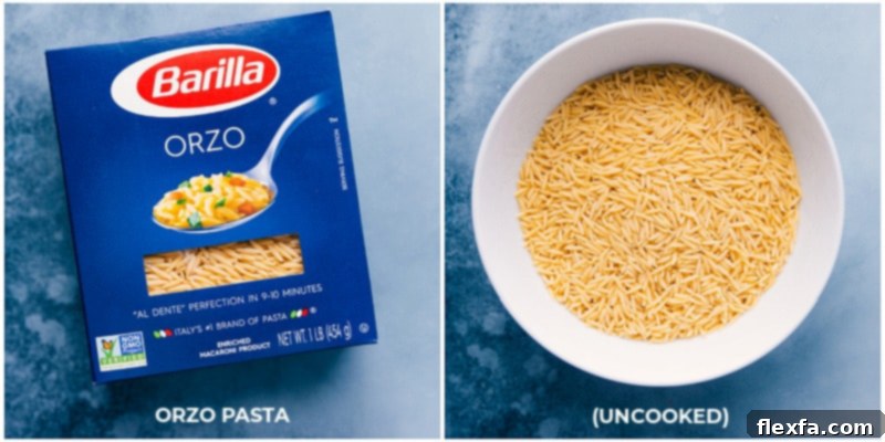 The essential ingredient: Orzo pasta for our easy, one-pot, 30-minute Creamy Pesto Orzo. A quick and satisfying meal loaded with ground meat and fresh vegetables. #orzo #pasta #ingredients #quickdinner Uncooked orzo pasta, small and rice-shaped