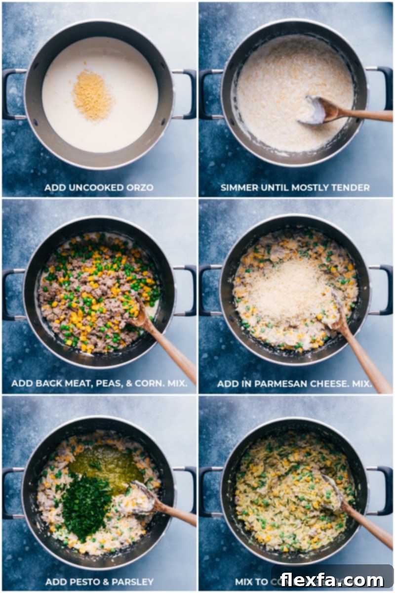 The final steps: Combining cooked orzo with the savory ground meat and creamy pesto sauce for the best ever 30-minute Creamy Pesto Orzo. A perfect one-pot, kid-friendly dinner! #onepot #pastadish #comfortfood #mealideas Process shots: Cooking orzo with the creamy sauce and adding back the meat and vegetable mixture