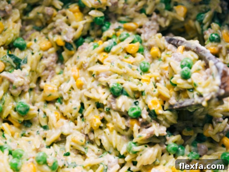A close-up of the best ever 30-minute Creamy Pesto Orzo: A vibrant, comforting dish loaded with tender orzo, ground meat, and fresh pesto. Perfect for a quick, delicious dinner. #dinnergoals #pestoorzo #comfortfood Close-up view of Creamy Pesto Orzo, showing texture and ingredients