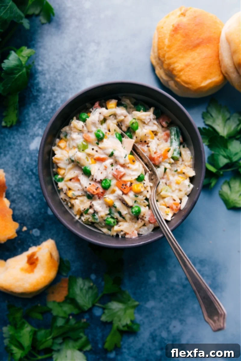 Overhead image of a generous serving of creamy Chicken Pot Pie Pasta in a bowl, garnished with fresh herbs.