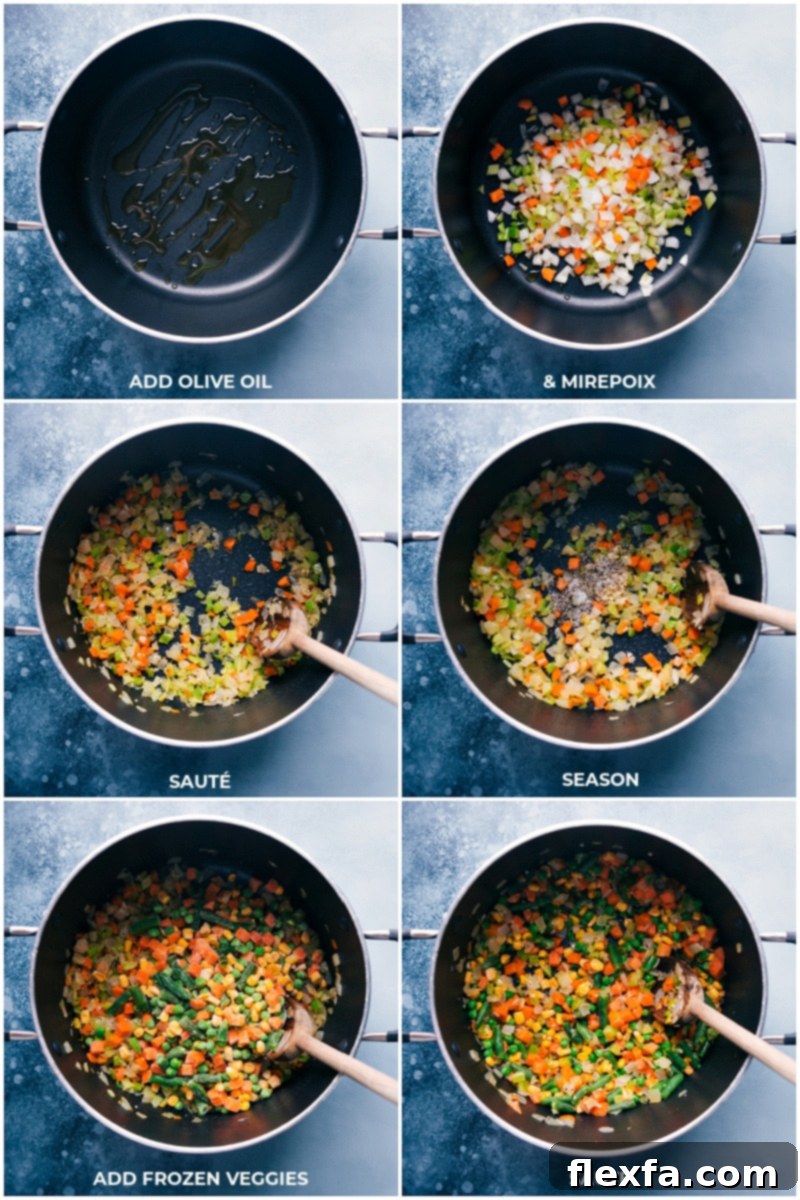 Close-up process shot of diced carrots, celery, and onions sizzling in a large nonstick pot, beginning to soften and brown.