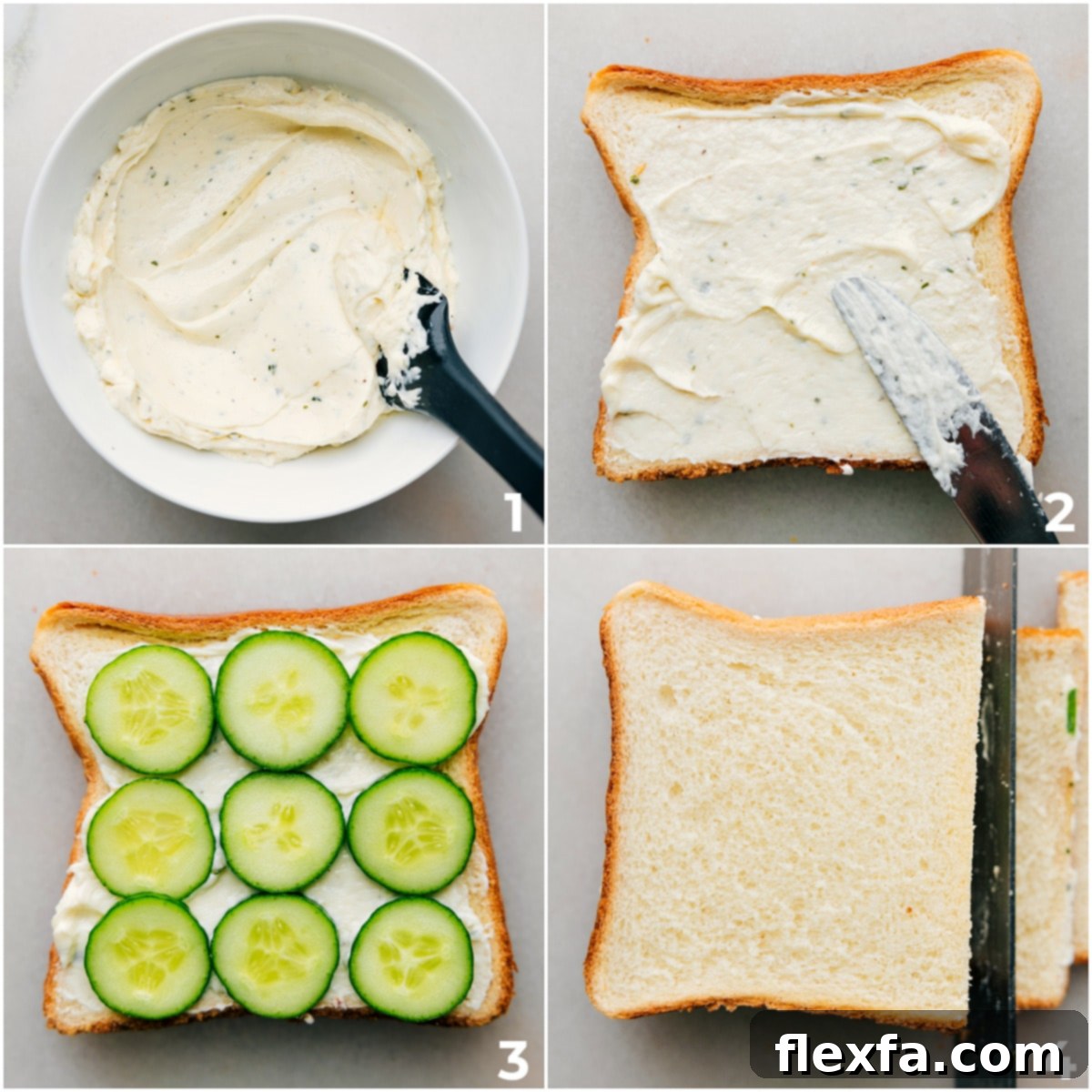 The delicious mayo and ranch-seasoned cream cheese spread being generously applied to soft white bread, followed by layers of thinly sliced cucumbers for the ultimate cucumber sandwich.