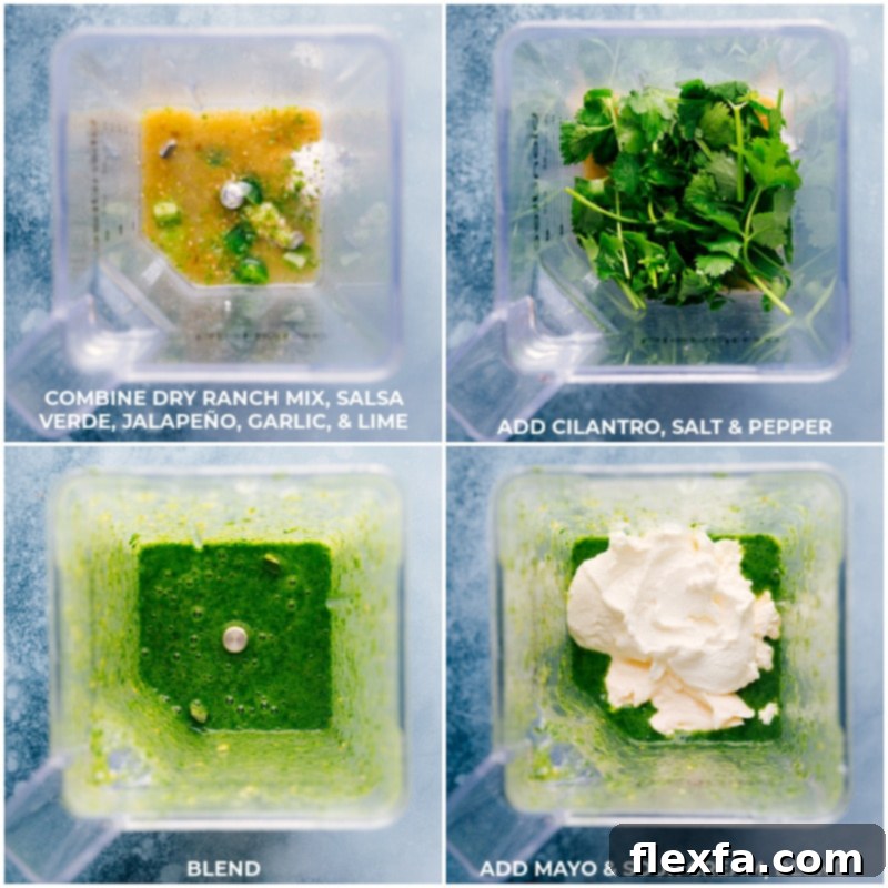 A series of process shots illustrating the effortless preparation of Cafe Rio Dressing, beginning with fresh ingredients like cilantro, lime, and jalapeño being added to a blender, followed by the creamy mixture blending smoothly together.