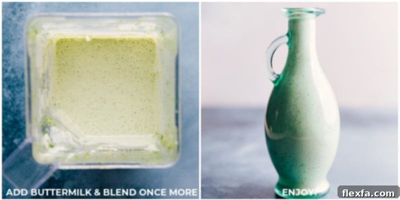 Buttermilk being poured into a blender with other vibrant dressing ingredients, followed by the finished creamy Cafe Rio dressing being poured into a mason jar for convenient storage and serving.