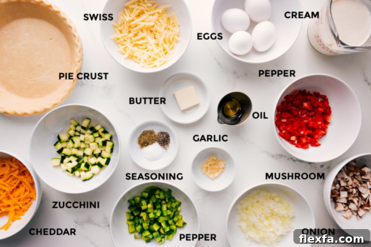 Ingredients for Veggie Quiche: Pie crusts, cheese, vegetables, cream, and eggs.