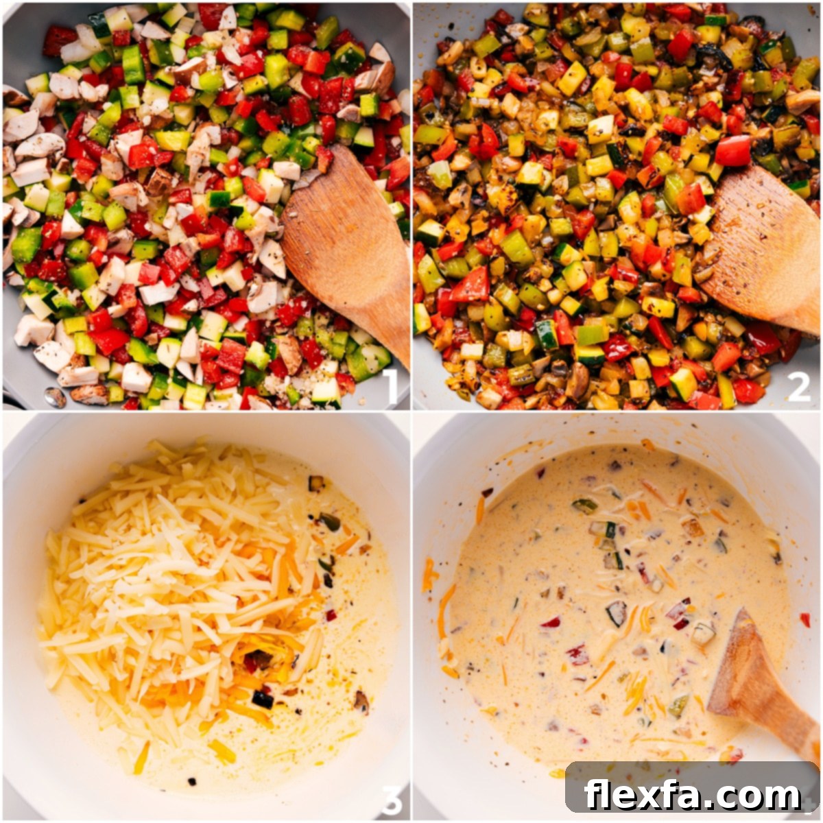 Sautéed vegetables being added to the egg and cheese mixture.